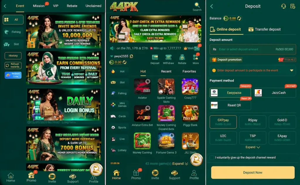 44PK game event promotions, game lobby and deposit options