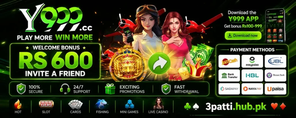 Y999 Game banner with bonus offer, payment methods,